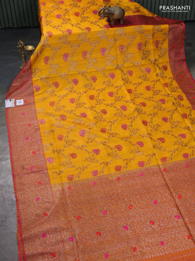 Banarasi dupion silk saree yellow and dual tone pink with allover thread & zari woven floral weaves and woven border