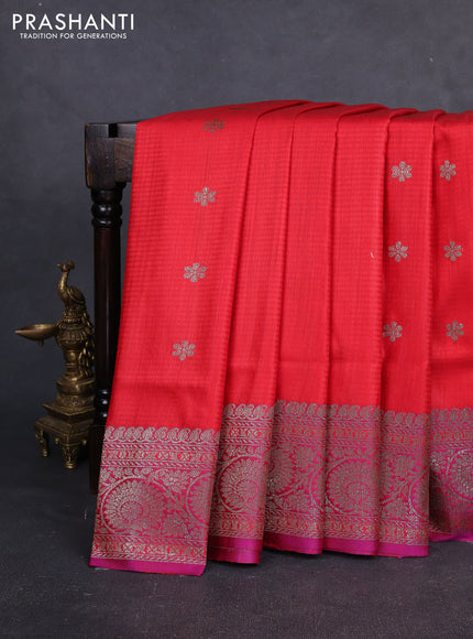 Banarasi dupion silk saree reddish pink and purple with thread & zari woven buttas and woven border