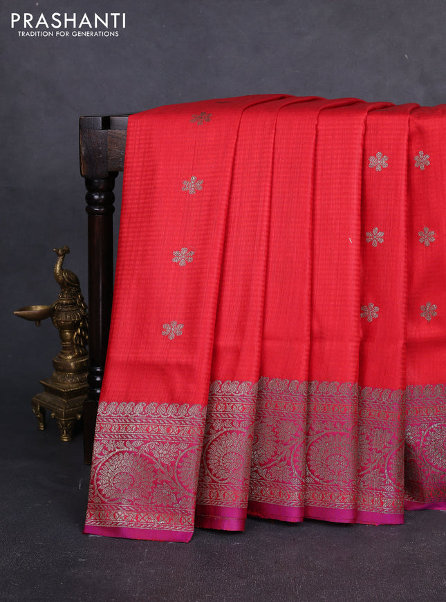 Banarasi dupion silk saree reddish pink and purple with thread & zari woven buttas and woven border