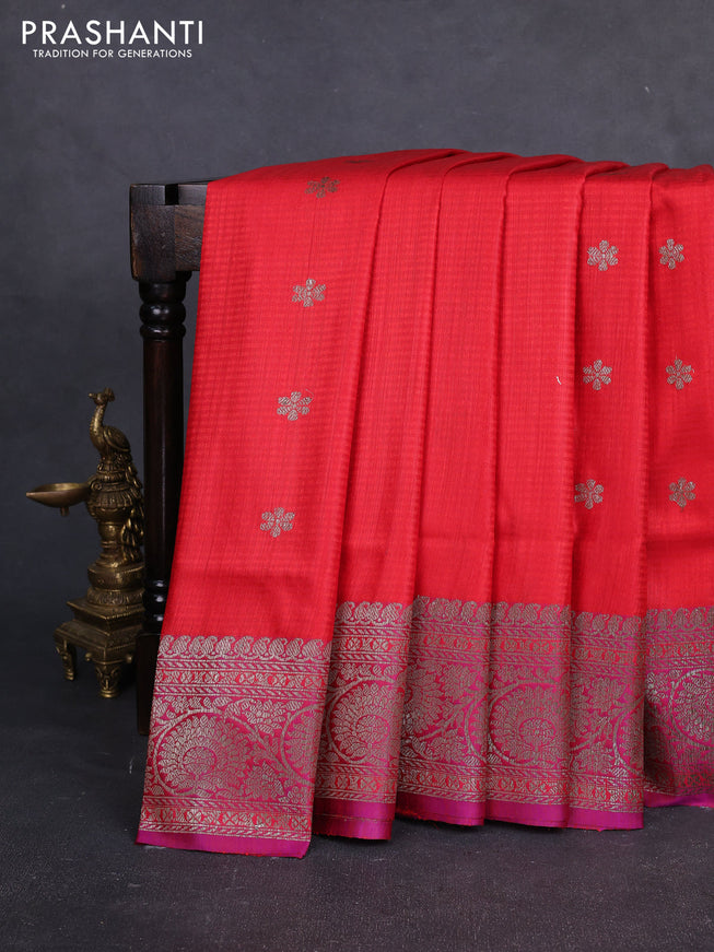 Banarasi dupion silk saree reddish pink and purple with thread & zari woven buttas and woven border