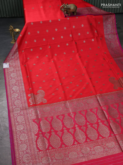 Banarasi dupion silk saree reddish pink and purple with thread & zari woven buttas and woven border