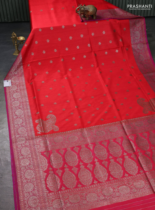 Banarasi dupion silk saree reddish pink and purple with thread & zari woven buttas and woven border