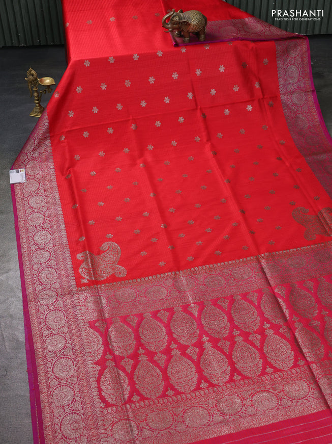 Banarasi dupion silk saree reddish pink and purple with thread & zari woven buttas and woven border