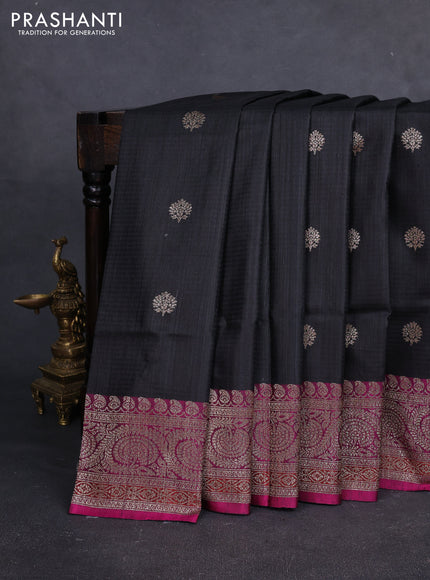 Banarasi dupion silk saree black and dark magenta pink with thread & zari woven buttas and woven border