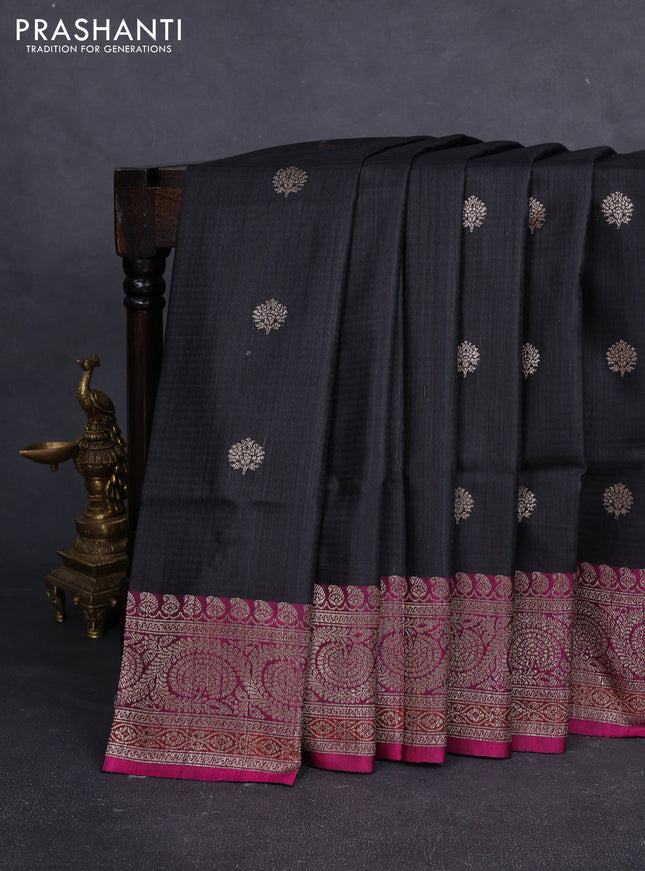 Banarasi dupion silk saree black and dark magenta pink with thread & zari woven buttas and woven border