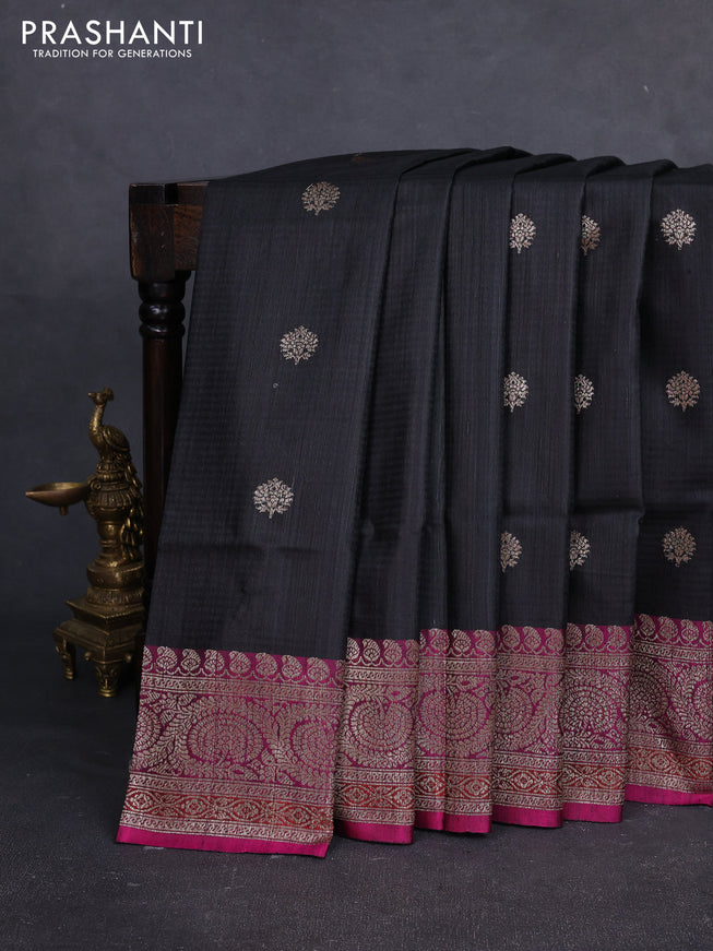 Banarasi dupion silk saree black and dark magenta pink with thread & zari woven buttas and woven border