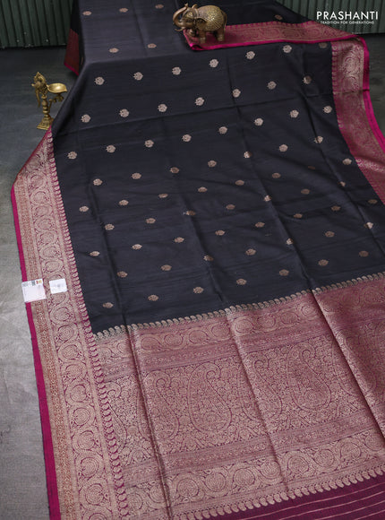 Banarasi dupion silk saree black and dark magenta pink with thread & zari woven buttas and woven border