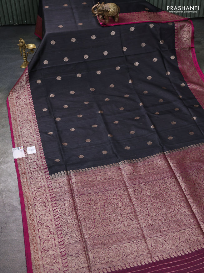 Banarasi dupion silk saree black and dark magenta pink with thread & zari woven buttas and woven border