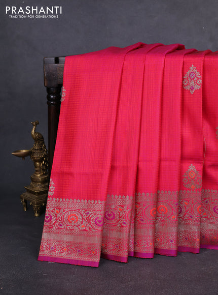 Banarasi dupion silk saree reddish pink and purple with thread & zari woven buttas and woven border