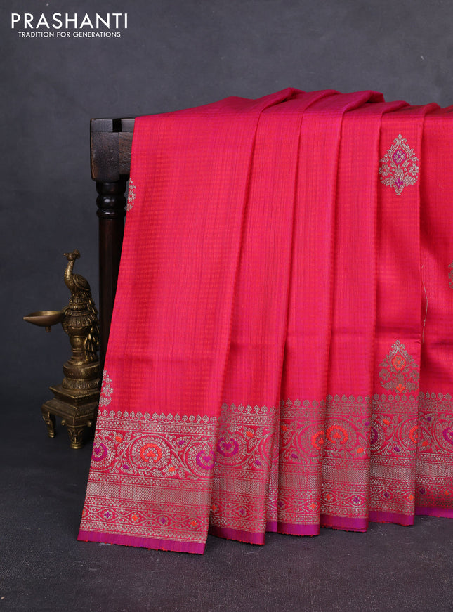 Banarasi dupion silk saree reddish pink and purple with thread & zari woven buttas and woven border