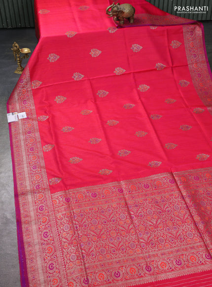 Banarasi dupion silk saree reddish pink and purple with thread & zari woven buttas and woven border