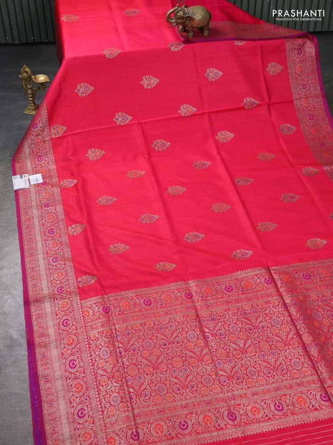 Banarasi dupion silk saree reddish pink and purple with thread & zari woven buttas and woven border
