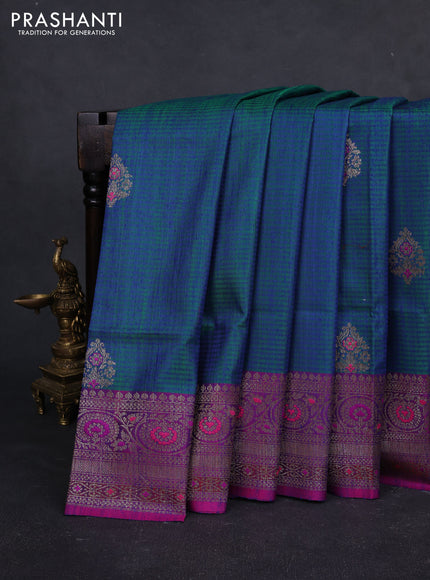 Banarasi dupion silk saree dual tone bluish green and pink with thread & zari woven buttas and woven border