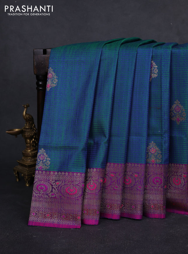 Banarasi dupion silk saree dual tone bluish green and pink with thread & zari woven buttas and woven border