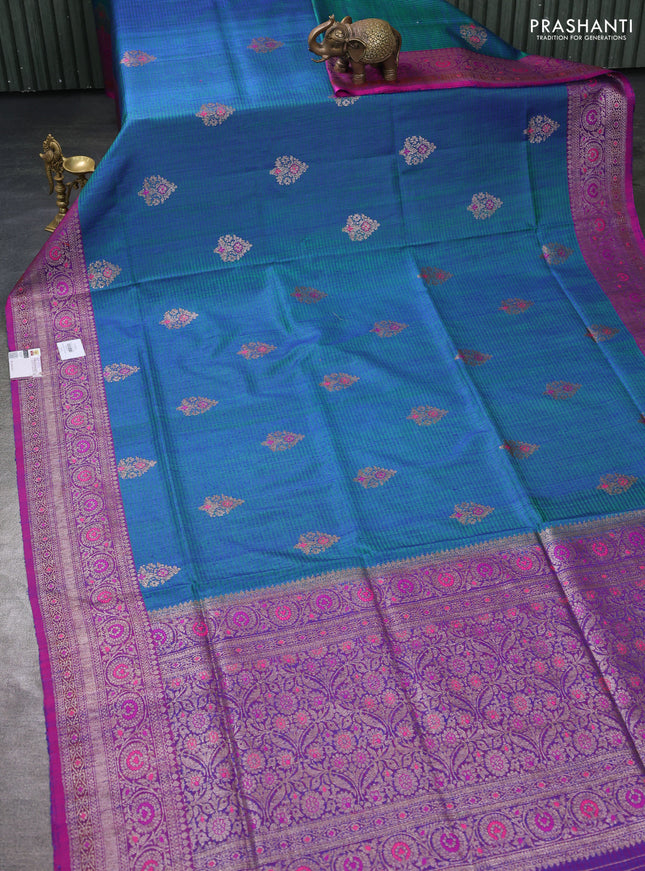Banarasi dupion silk saree dual tone bluish green and pink with thread & zari woven buttas and woven border