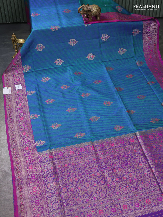 Banarasi dupion silk saree dual tone bluish green and pink with thread & zari woven buttas and woven border