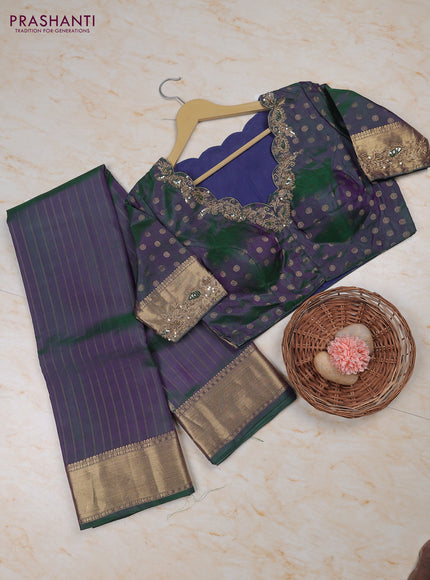 Dual shade of green pure kanchipuram silk saree with embroidery readymade blouse