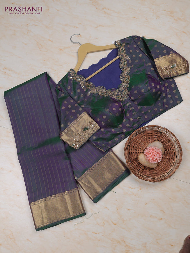 Dual shade of green pure kanchipuram silk saree with embroidery readymade blouse