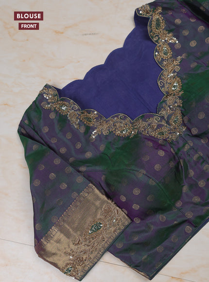 Dual shade of green pure kanchipuram silk saree with embroidery readymade blouse