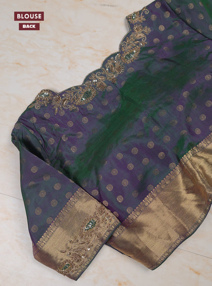 Dual shade of green pure kanchipuram silk saree with embroidery readymade blouse