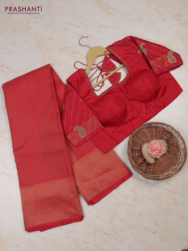 Red Pure kanchipuram silk saree with embroidered readymade blouse