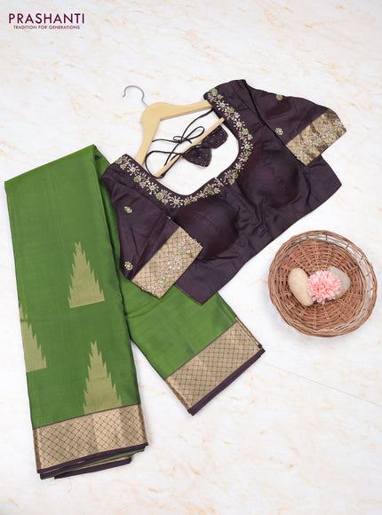 Sap Green - Coffee Brown Pure Kanchipuram Silk Saree Embroidered Readymade Blouse