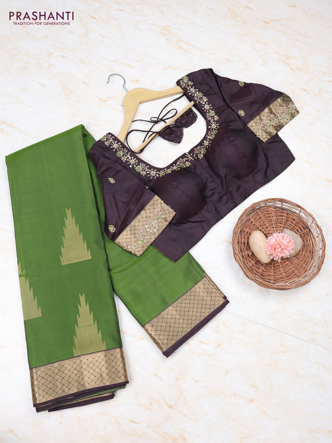 Sap Green - Coffee Brown Pure Kanchipuram Silk Saree Embroidered Readymade Blouse