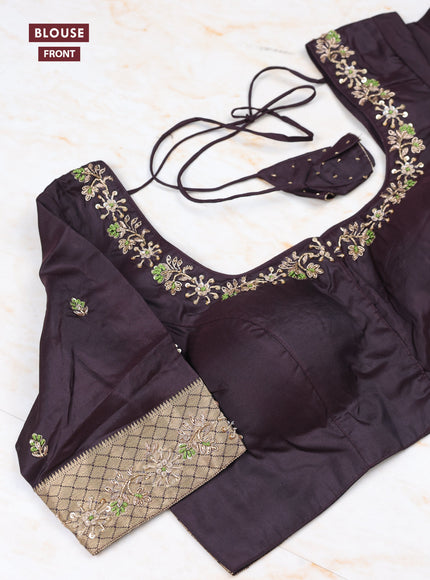 Sap Green - Coffee Brown Pure Kanchipuram Silk Saree Embroidered Readymade Blouse