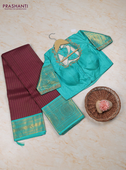 Wine - Teal Blue Pure Kanchipuram Silk Saree Embroidered Readymade Blouse