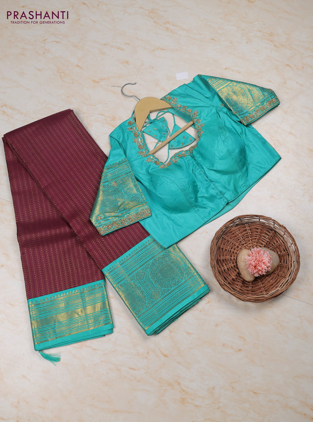 Wine - Teal Blue Pure Kanchipuram Silk Saree Embroidered Readymade Blouse