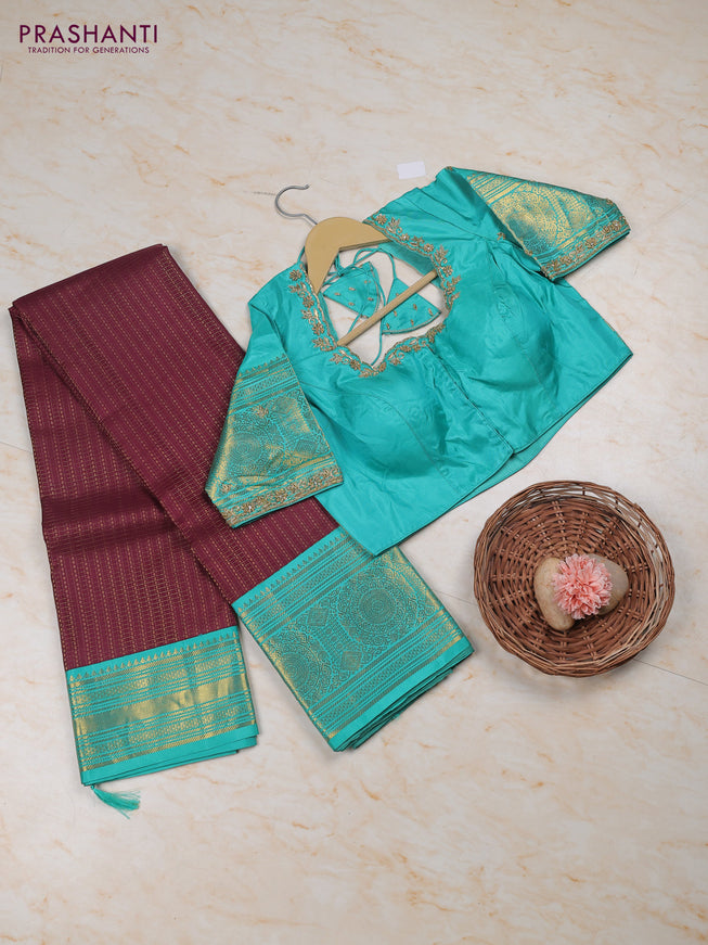 Wine - Teal Blue Pure Kanchipuram Silk Saree Embroidered Readymade Blouse