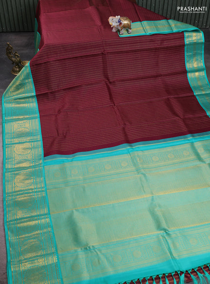 Wine - Teal Blue Pure Kanchipuram Silk Saree Embroidered Readymade Blouse