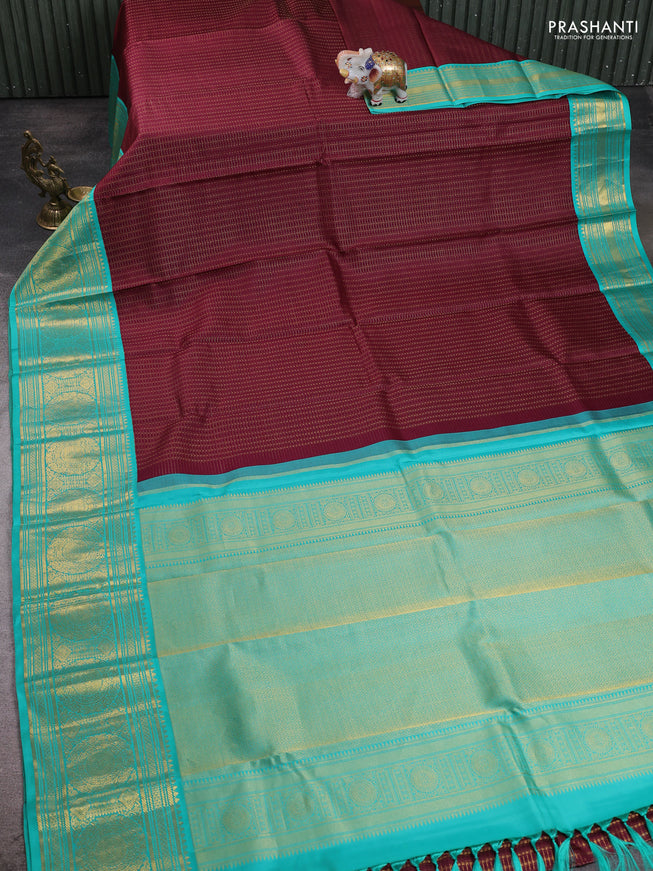 Wine - Teal Blue Pure Kanchipuram Silk Saree Embroidered Readymade Blouse