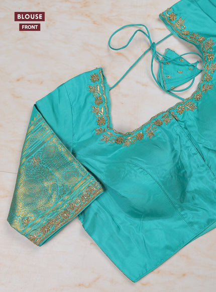 Wine - Teal Blue Pure Kanchipuram Silk Saree Embroidered Readymade Blouse