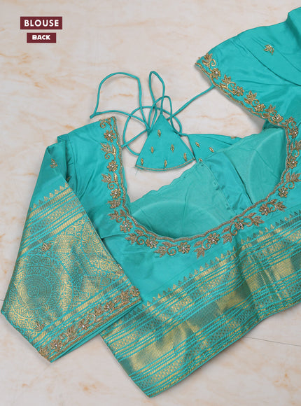 Wine - Teal Blue Pure Kanchipuram Silk Saree Embroidered Readymade Blouse