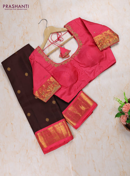 Coffee Brown - Pink Pure Kanchipuram Silk Saree Embroidered Readymade Blouse