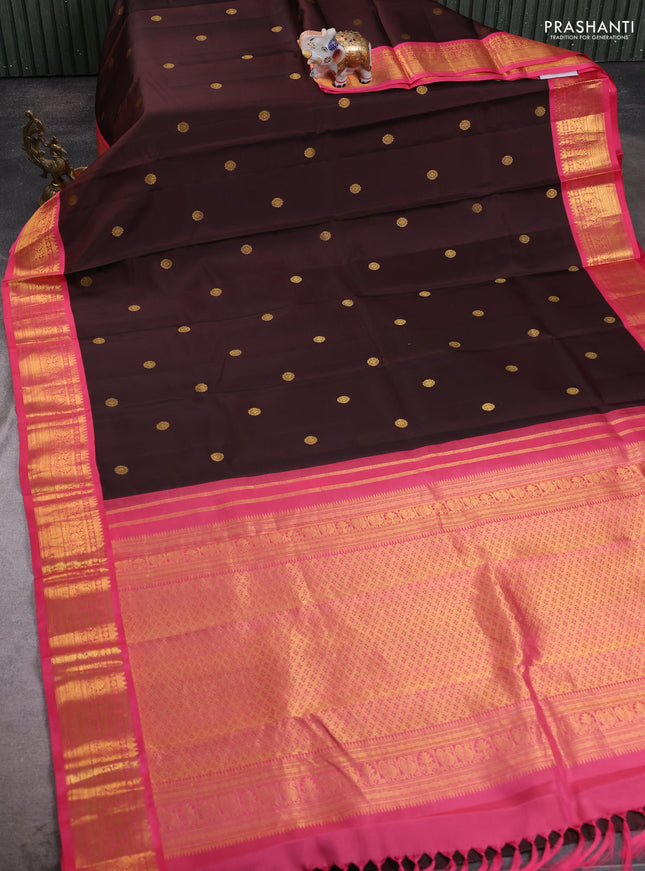 Coffee Brown - Pink Pure Kanchipuram Silk Saree Embroidered Readymade Blouse
