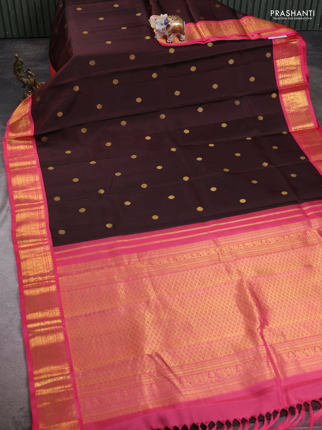 Coffee Brown - Pink Pure Kanchipuram Silk Saree Embroidered Readymade Blouse