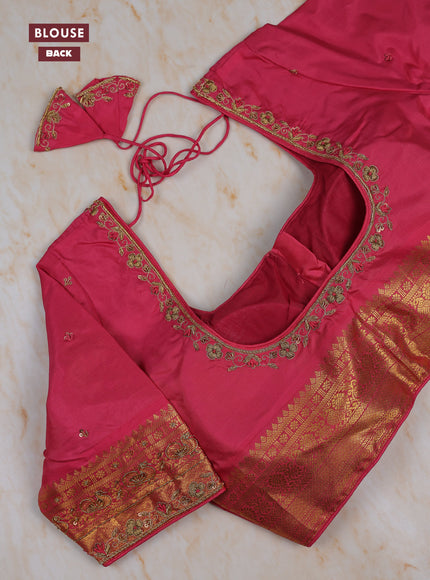 Coffee Brown - Pink Pure Kanchipuram Silk Saree Embroidered Readymade Blouse
