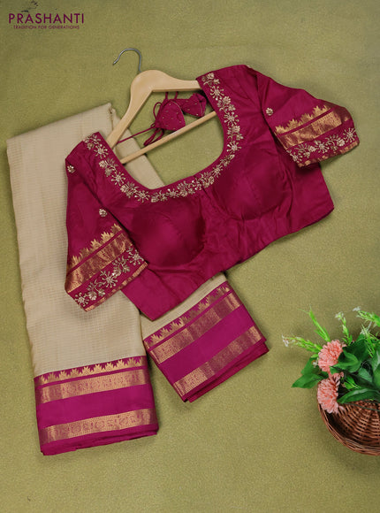 Cream - Purple Pure Kanchipuram Silk Saree With Embroidered Readymade Blouse