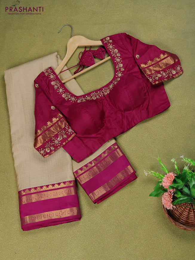 Cream - Purple Pure Kanchipuram Silk Saree With Embroidered Readymade Blouse