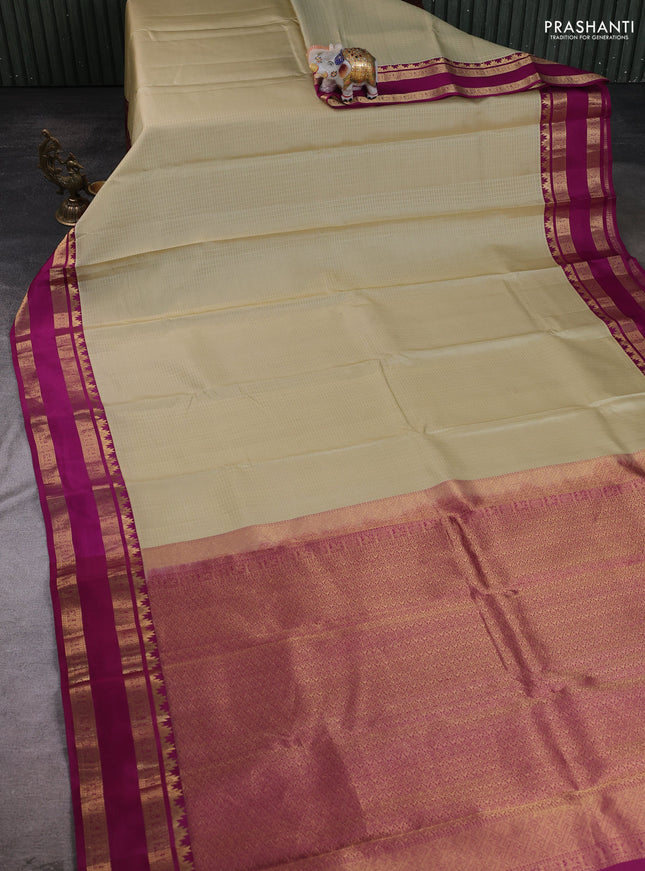 Cream - Purple Pure Kanchipuram Silk Saree With Embroidered Readymade Blouse