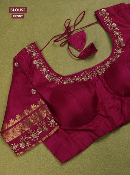 Cream - Purple Pure Kanchipuram Silk Saree With Embroidered Readymade Blouse