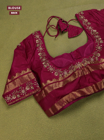 Cream - Purple Pure Kanchipuram Silk Saree With Embroidered Readymade Blouse