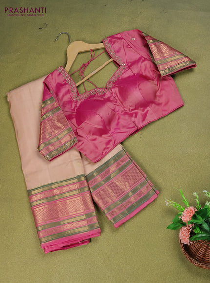 Cream - Pink Pure Kanchipuram Silk Saree Embroidered Readymade Blouse