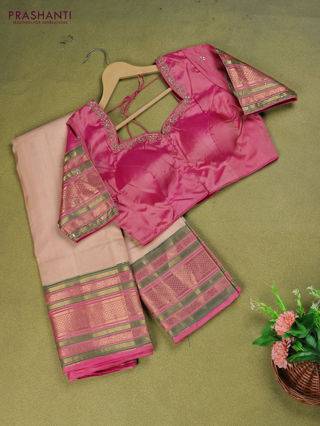Cream - Pink Pure Kanchipuram Silk Saree Embroidered Readymade Blouse