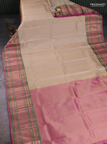 Cream - Pink Pure Kanchipuram Silk Saree Embroidered Readymade Blouse