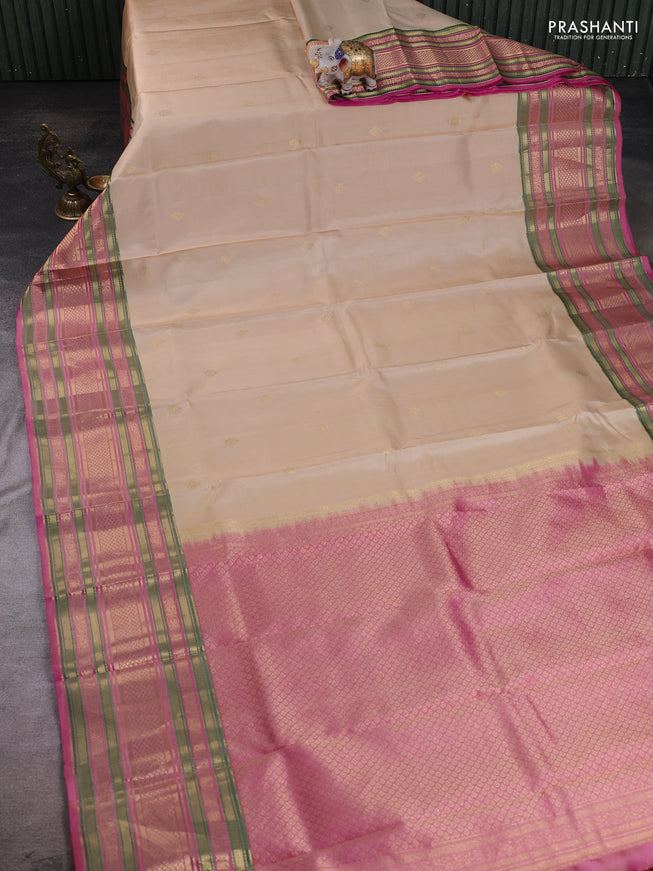 Cream - Pink Pure Kanchipuram Silk Saree Embroidered Readymade Blouse