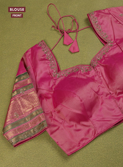 Cream - Pink Pure Kanchipuram Silk Saree Embroidered Readymade Blouse