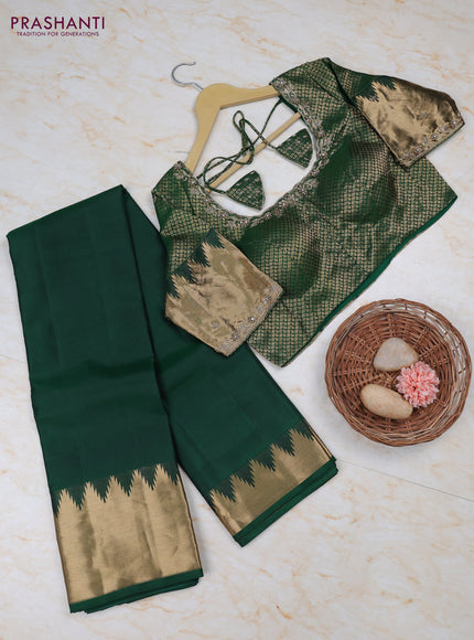Bottle Green Pure Kanchipuram Silk Saree Embroidered Readymade Blouse